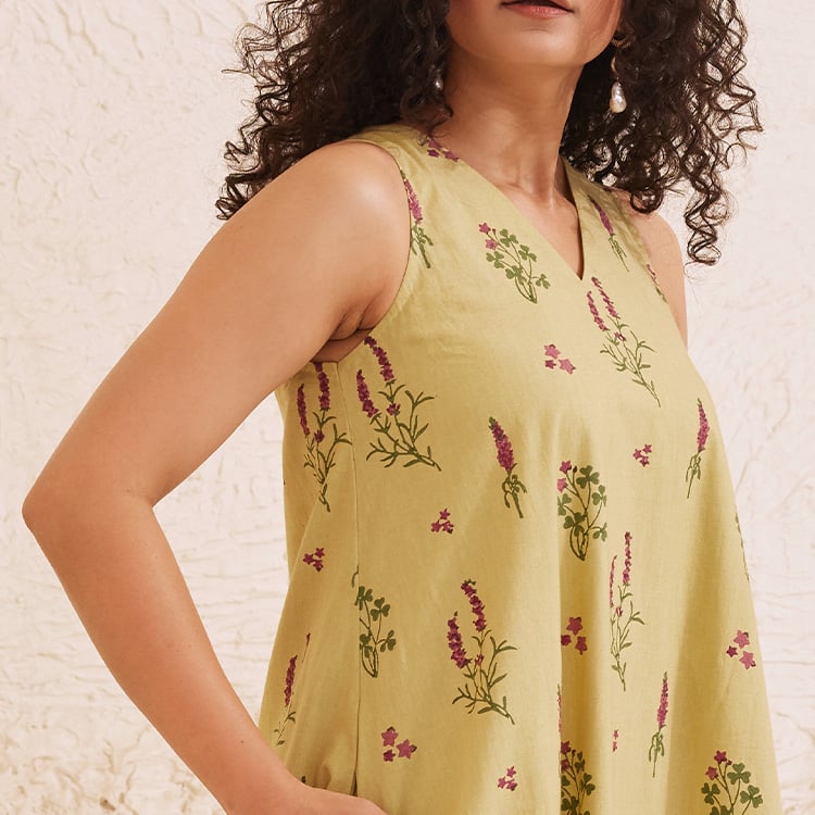 Sage Green Chanderi Hand Block Floral Dress