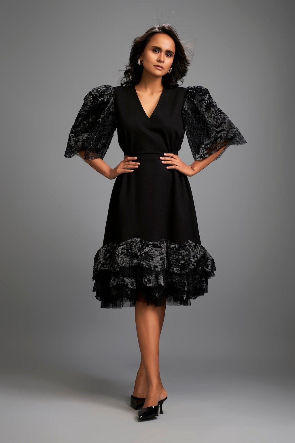Black Midi Dress Shimmer Sleeves & Tiered Skirt