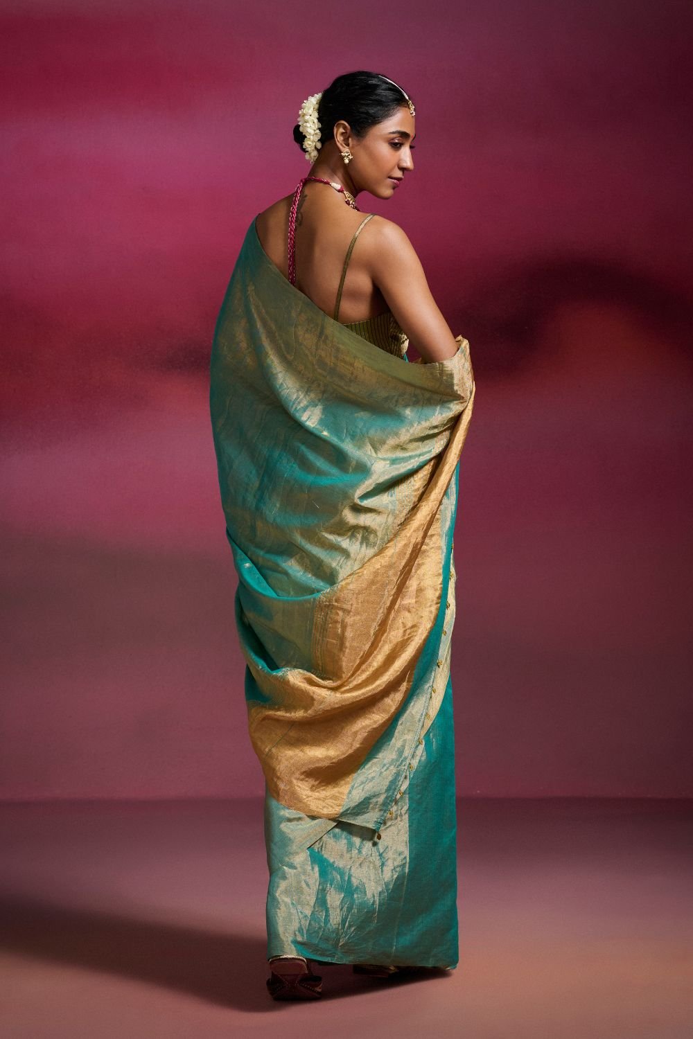 Sky Blue Handwoven Tissue Saree on Gold Base