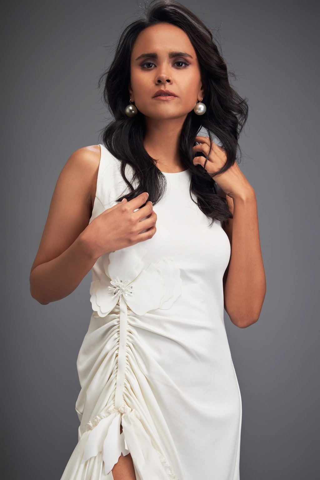 Dress with Ruched Floral Embellishments