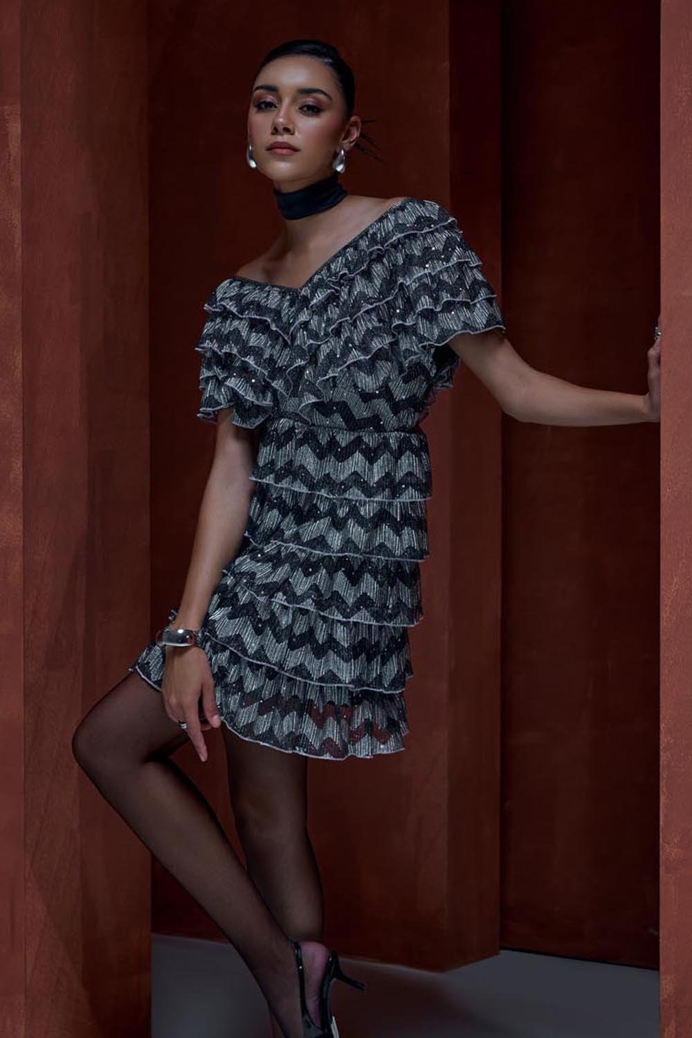 Off the Shoulder Metallic Ruffled Dress