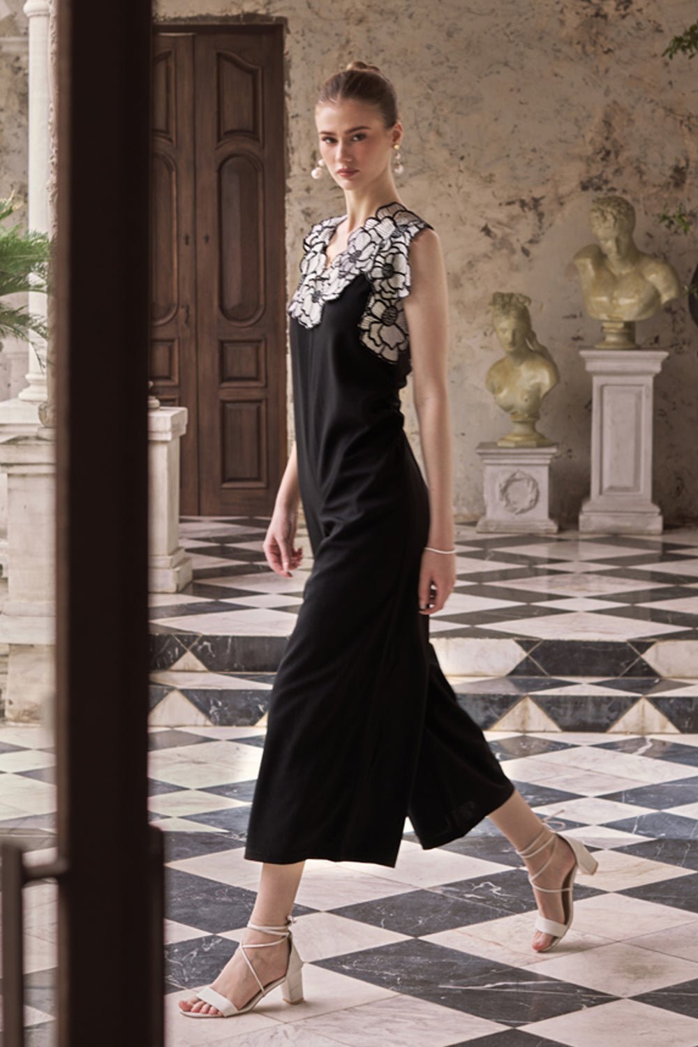 Monochrome Applique Flowers Jumpsuit