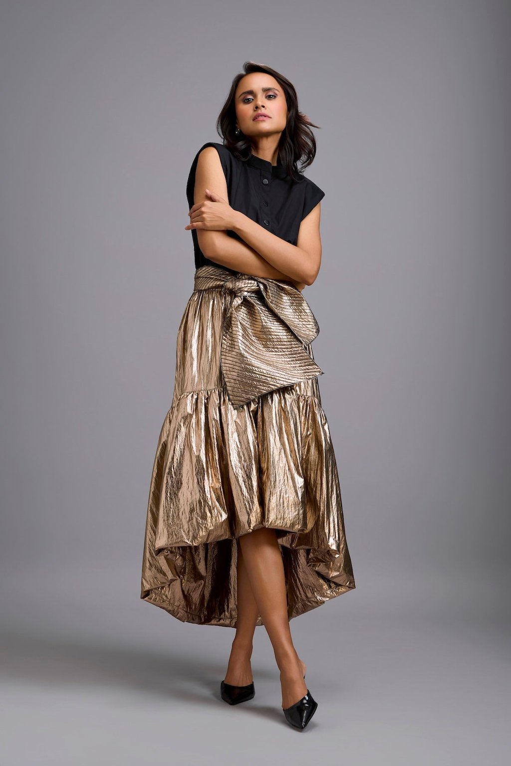 Metallic Gold High-Low Skirt with Bow