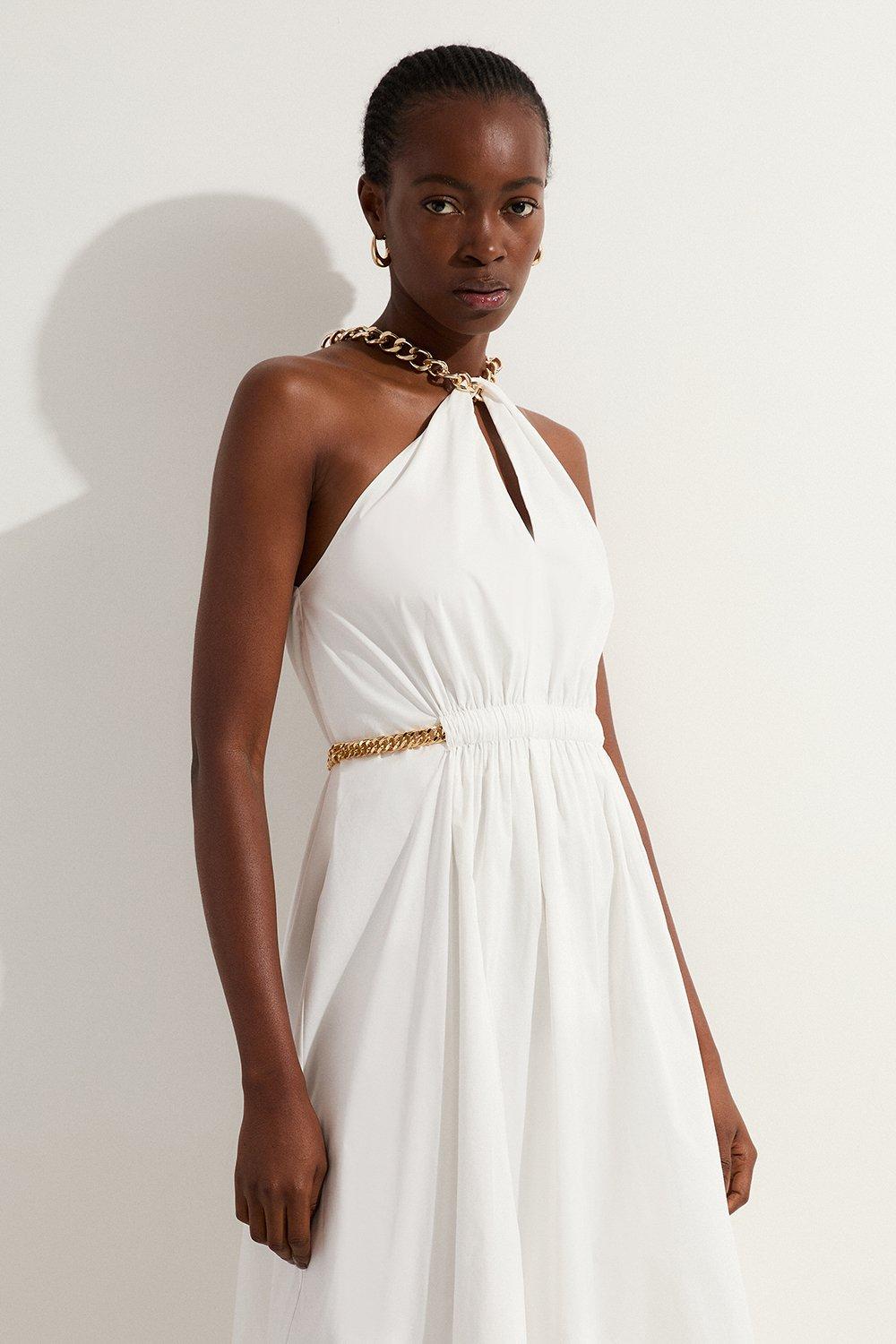Cotton Poplin Chain Halter Woven Midi Dress