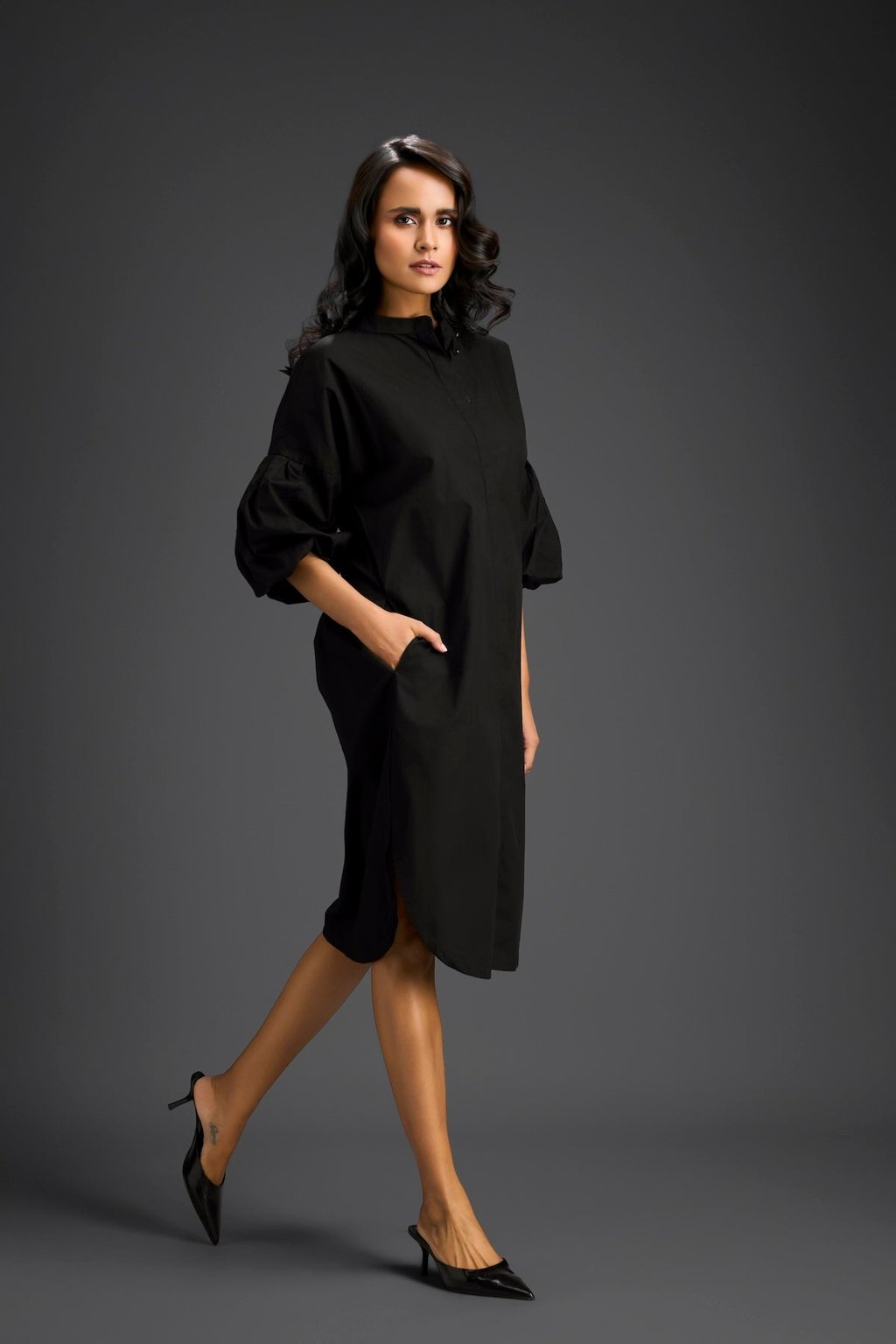 Black Puffed Sleeve Shirt Dress with Sheer Back