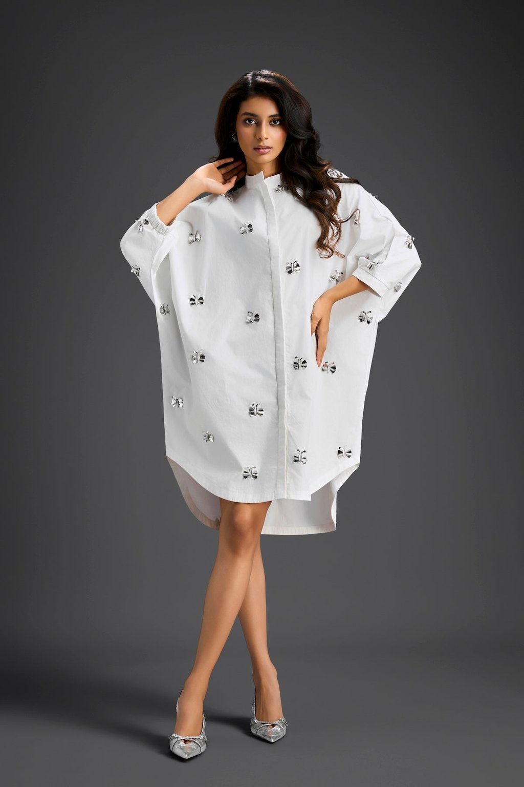 White Oversized Shirt Dress with Butterfly Motifs