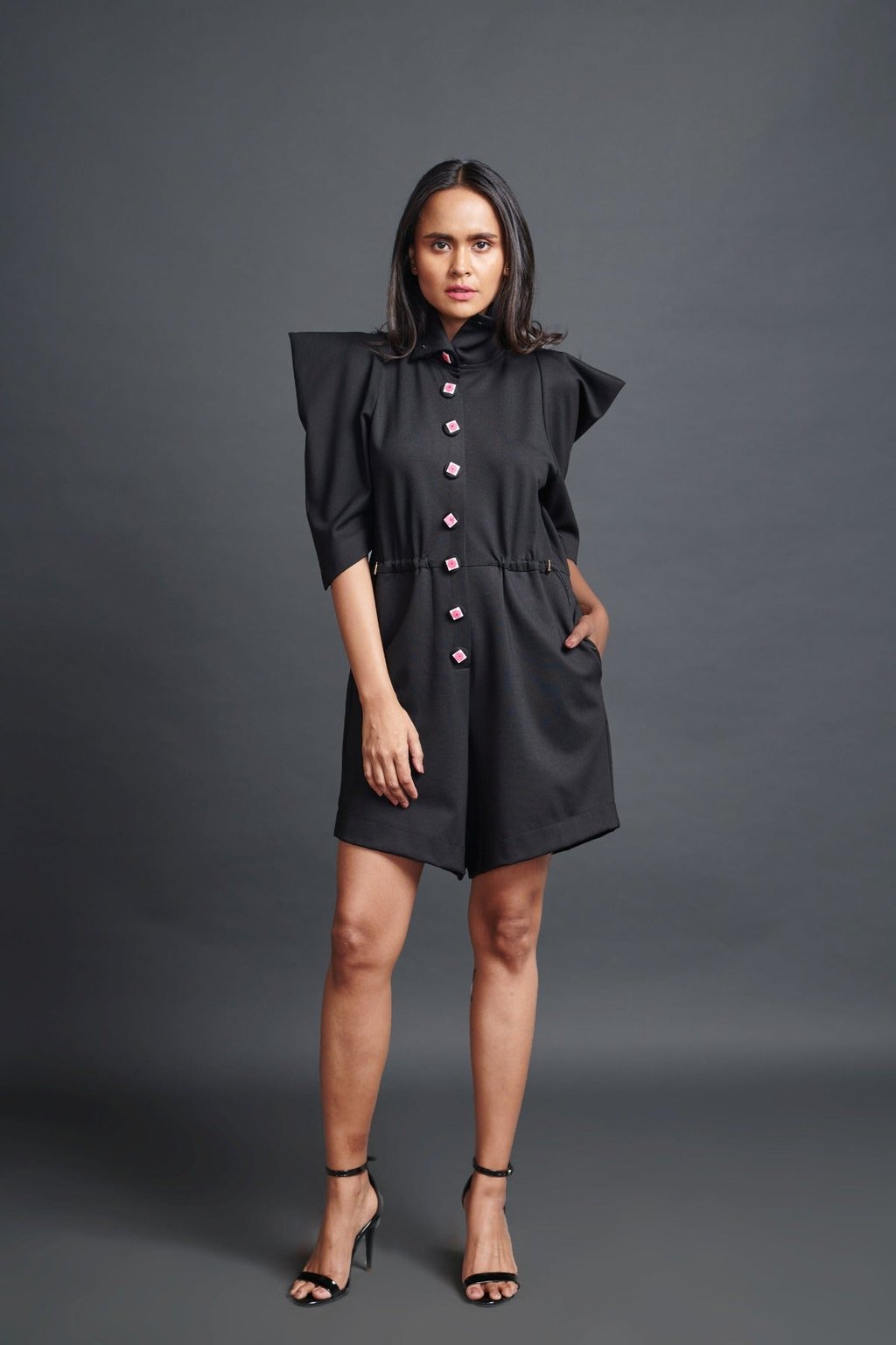 Black High Neck Playsuit with Cutwork