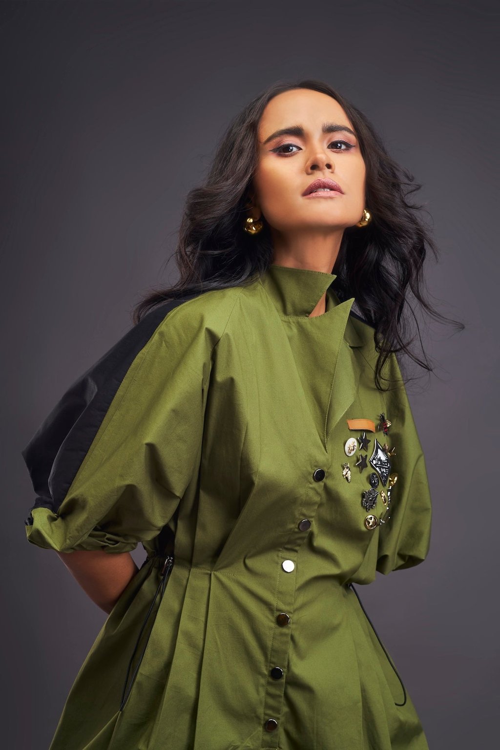 Lapel Collared Pleated Playsuit Green Black