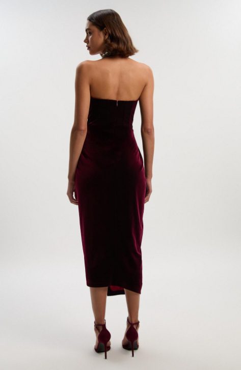Tailored Velvet Halter Embellished Neck Midi Dress