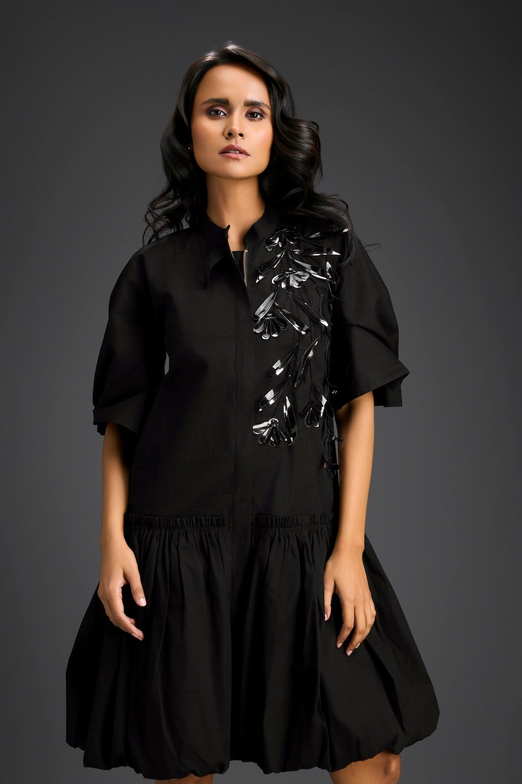Black 3d Floral Embellished Puff Sleeve Dress