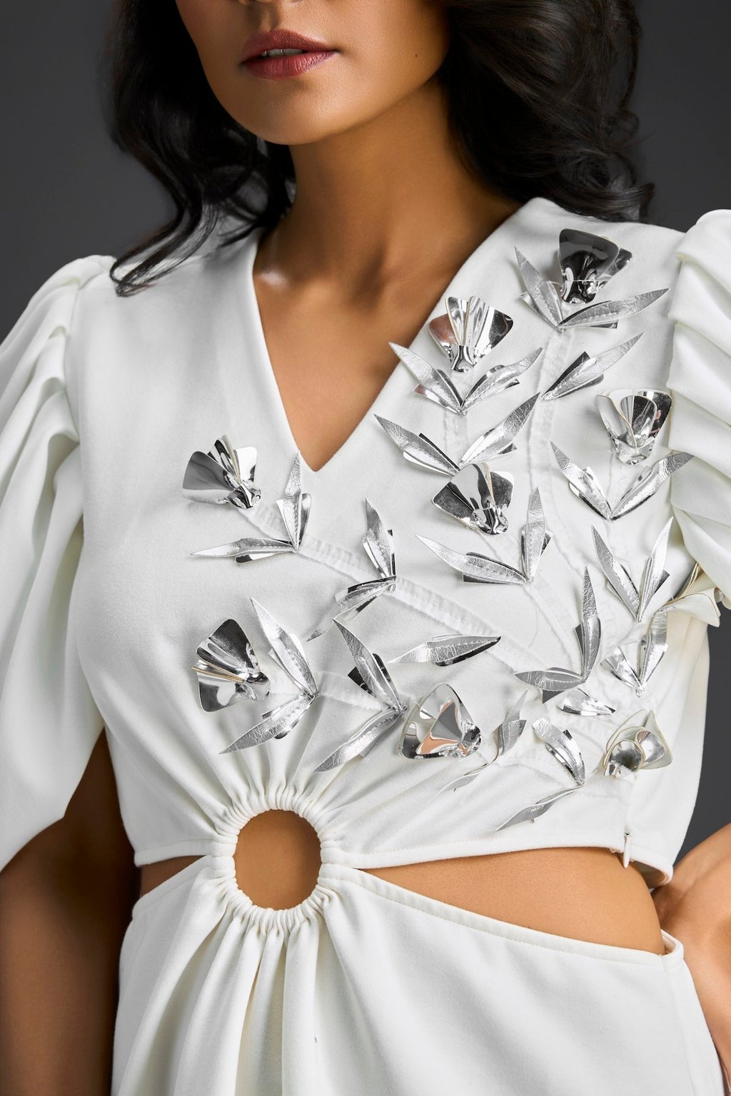 White V-Neck Cut-Out Embroidered Dress