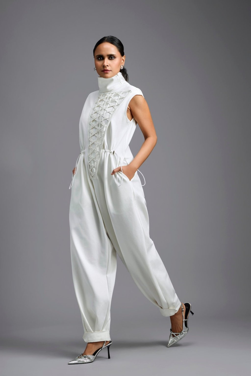 Jumpsuit with Woven Leather Panel