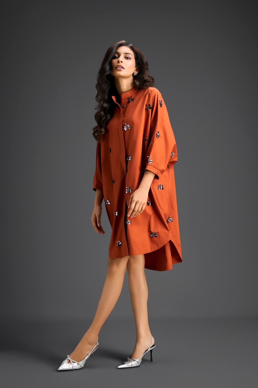 Rust Oversized Shirt Dress with Butterfly Motifs