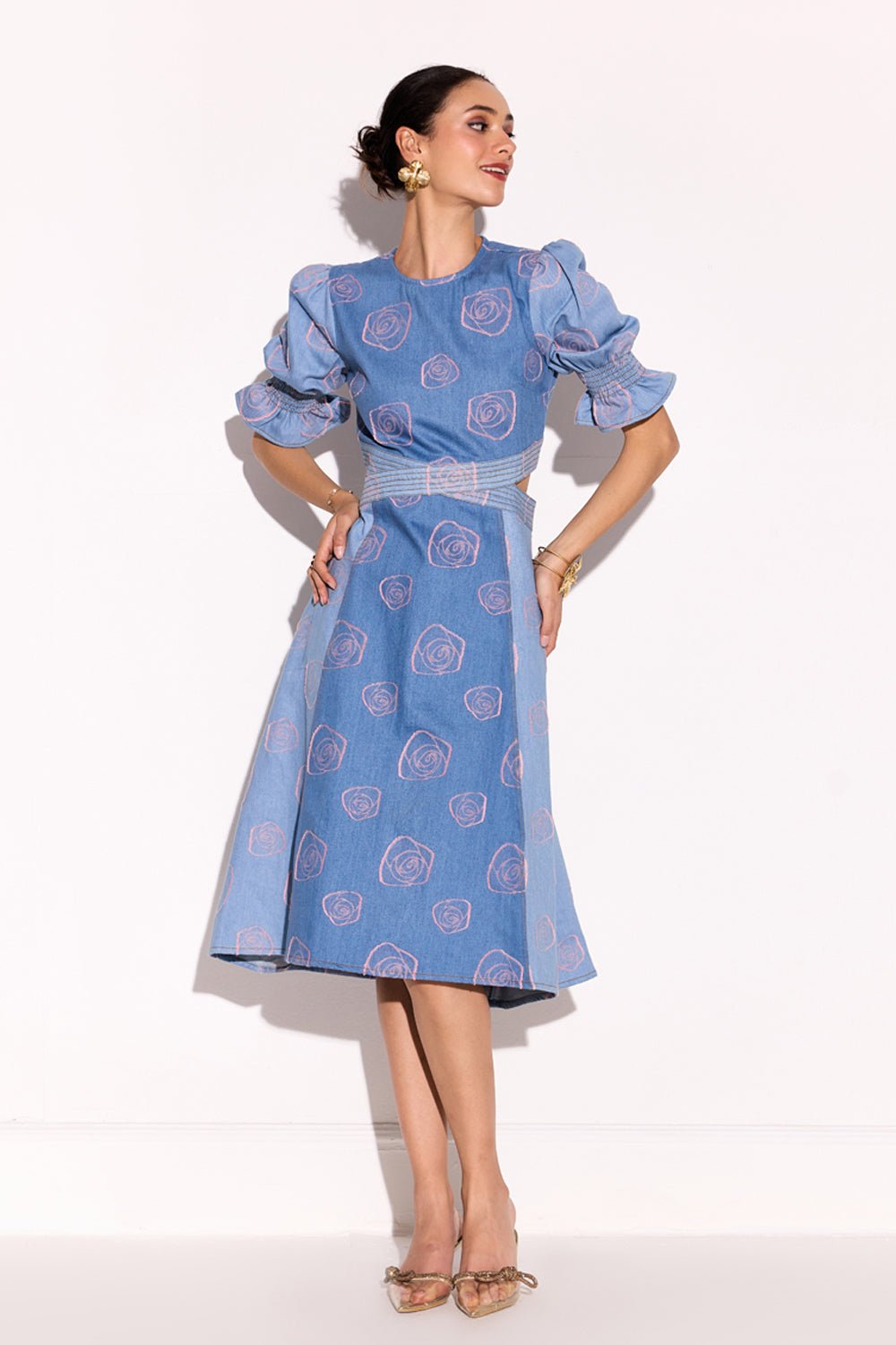 Applique Roseatte Denim Midi Dress