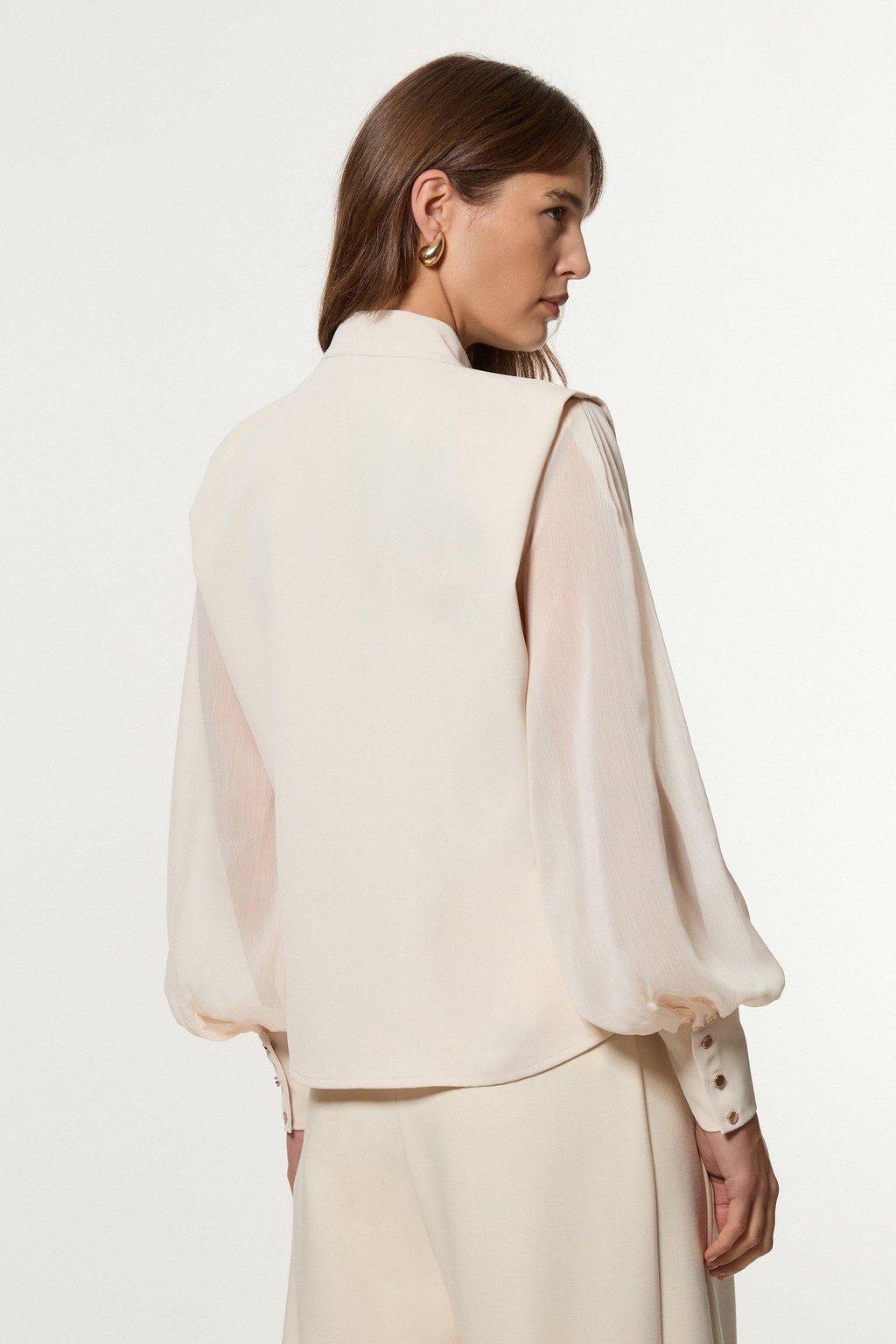 Crinkle Balloon Sleeve High Neck Woven Shirt