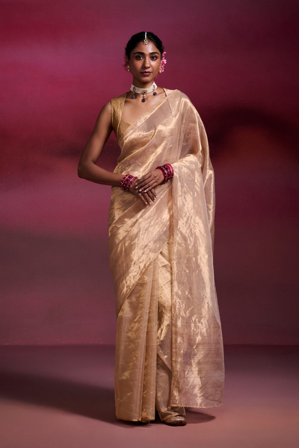 Handwoven Chanderi Tissue Saree in Light Gold