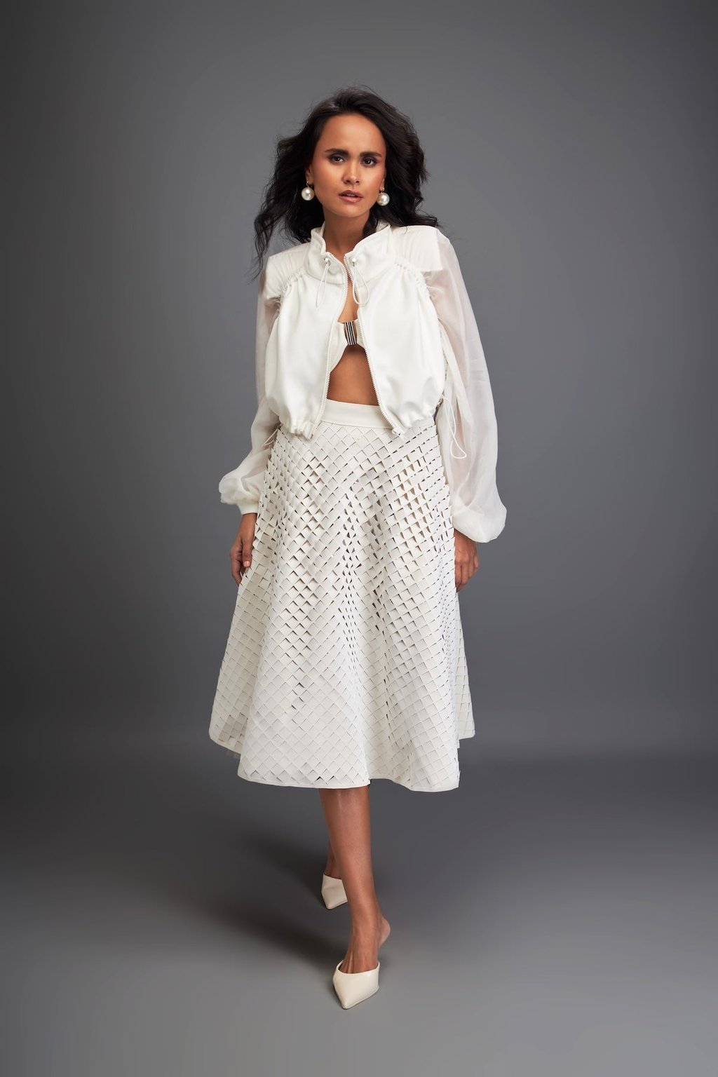 3d Textured A-Line Skirt with Grid Pattern