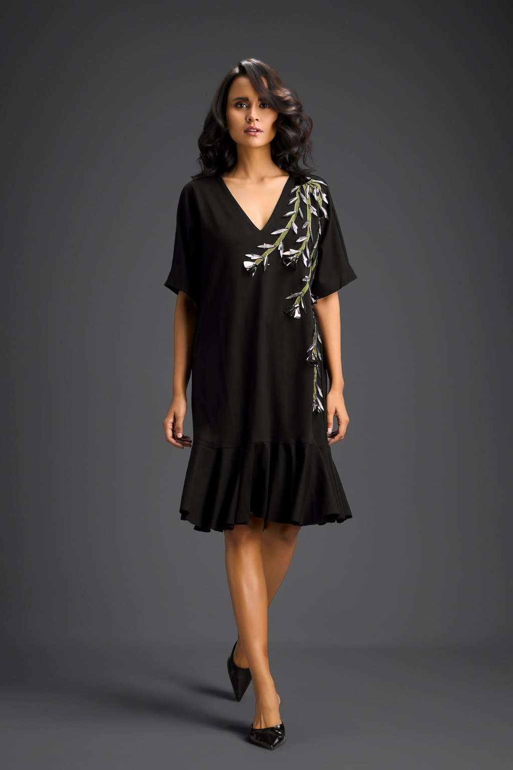 Black Short Sleeves Cut-Out Embroidered Dress