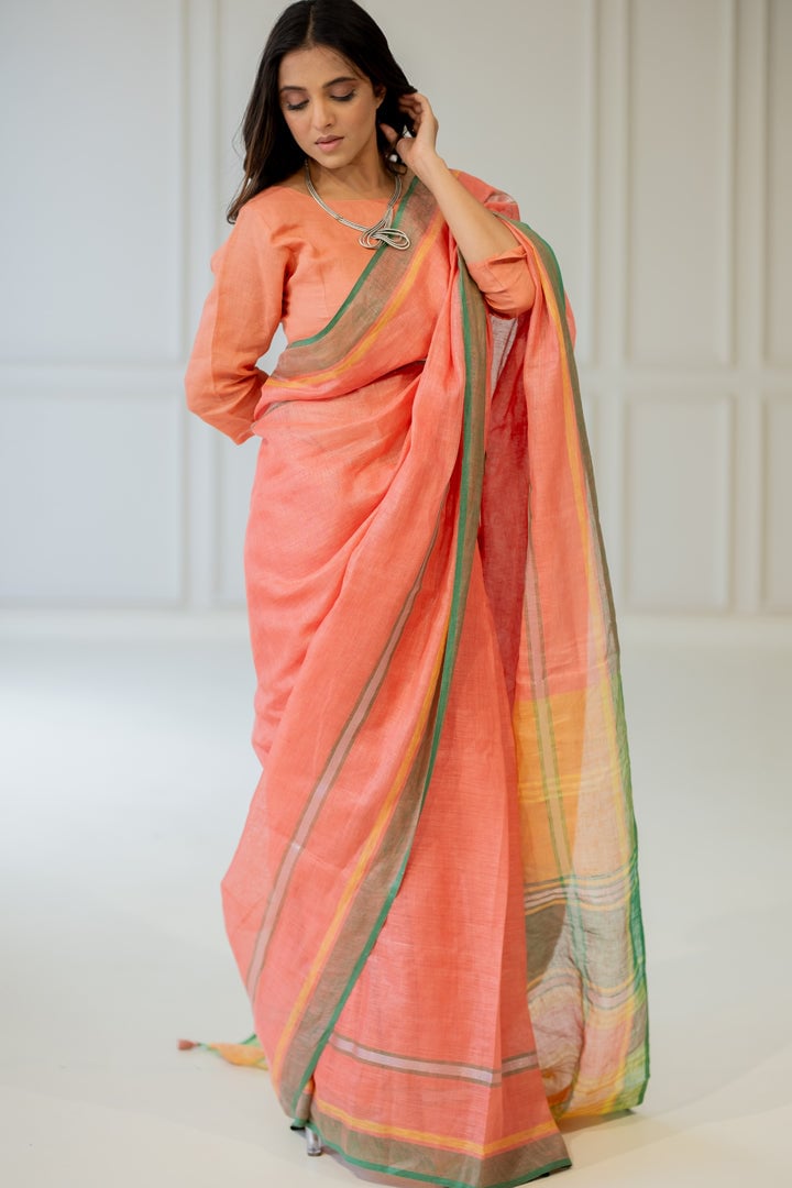 Tropical Apricot Linen Saree