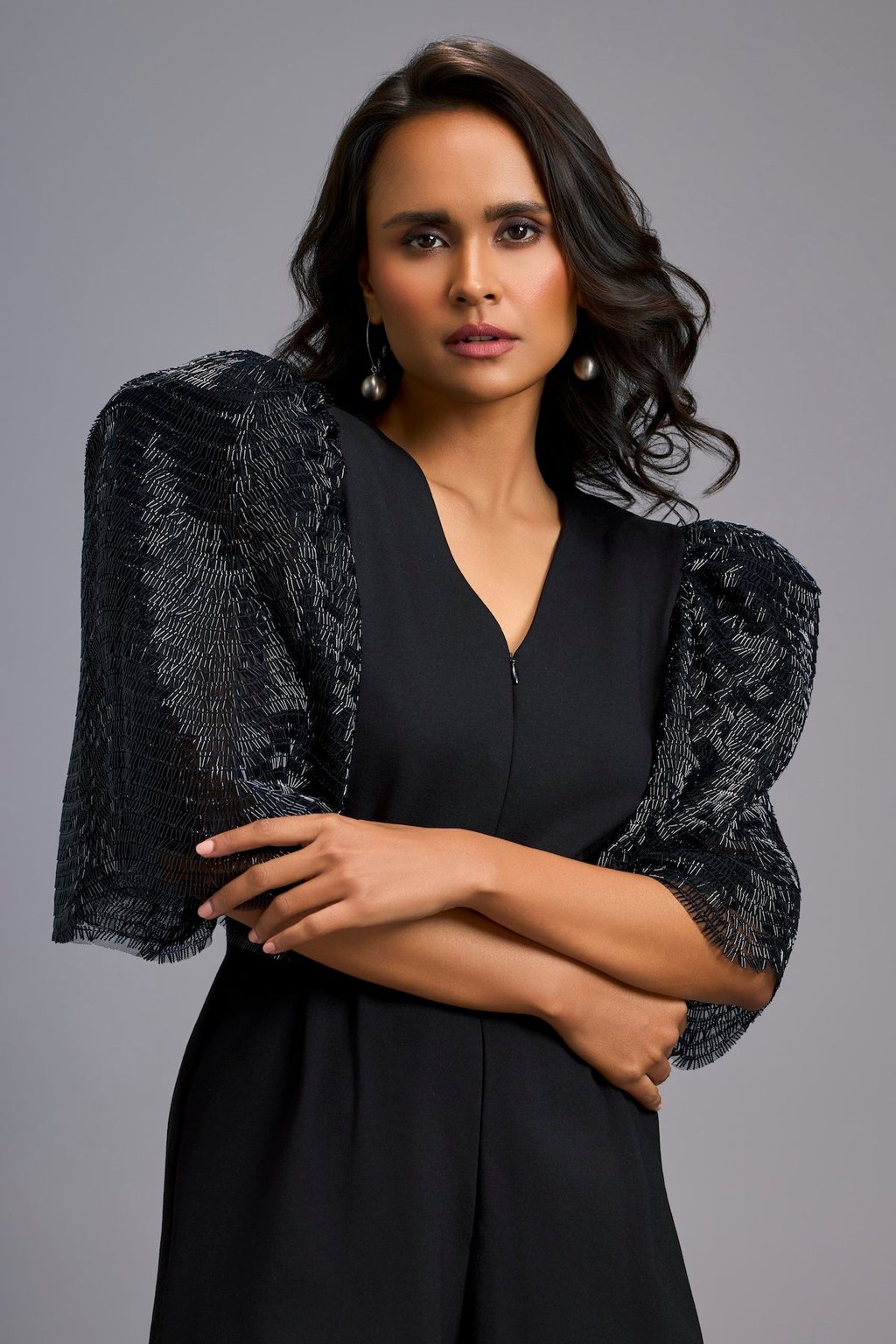 Black V-Neck Playsuit with Shimmer Belt
