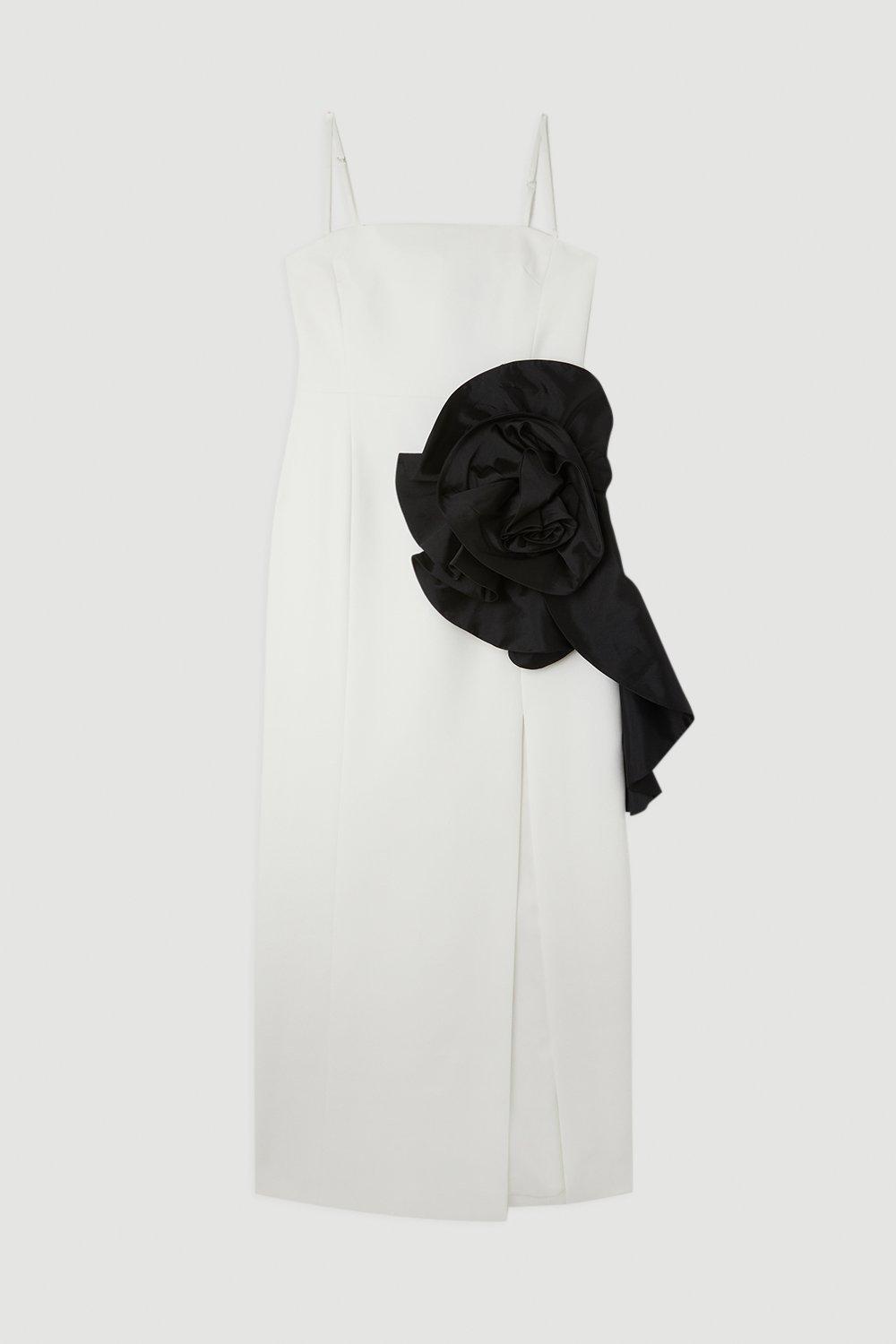 Compact Stretch Taffeta Rosette Midi Dress