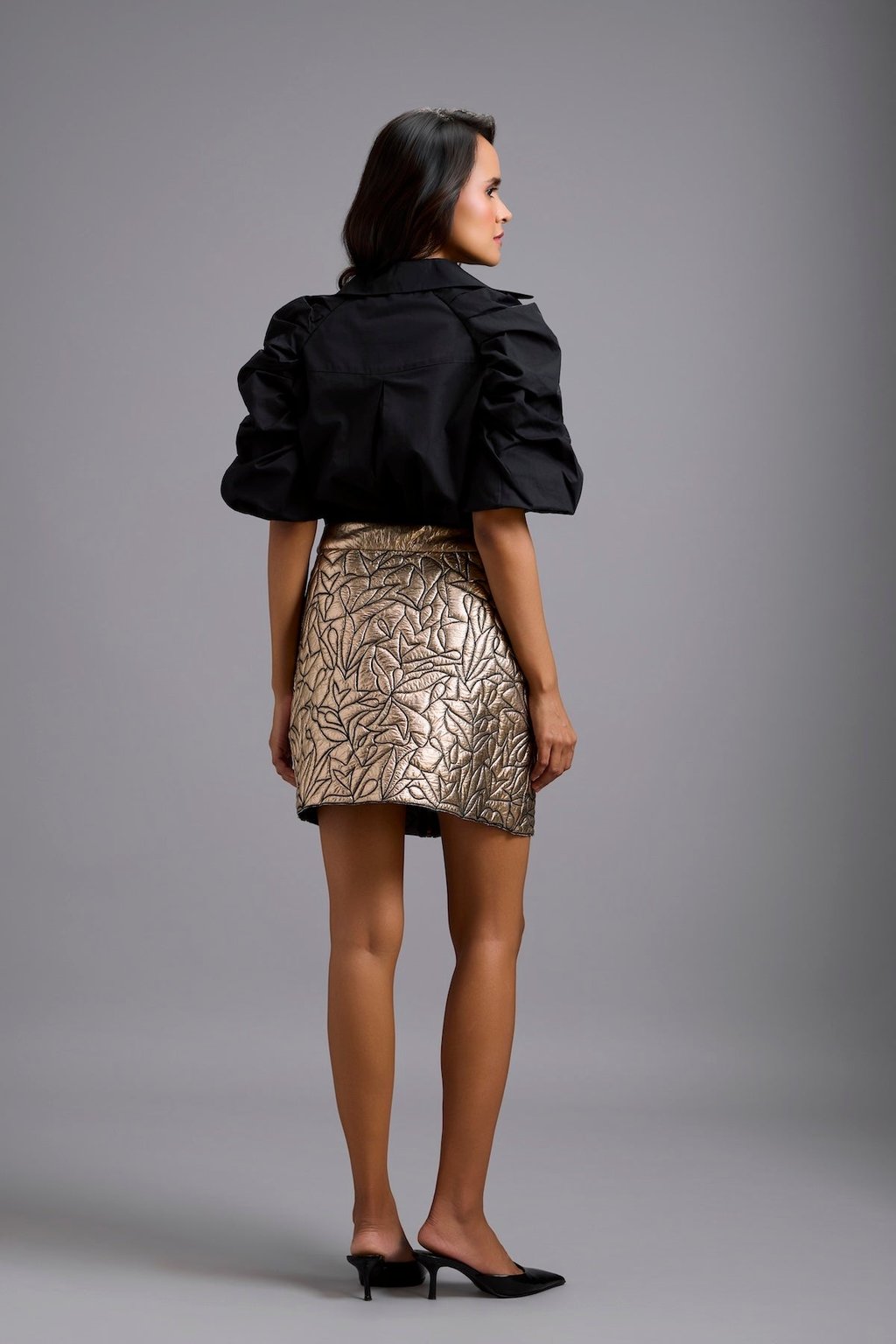 Metallic Gold Mini Skirt with Leaf Pattern