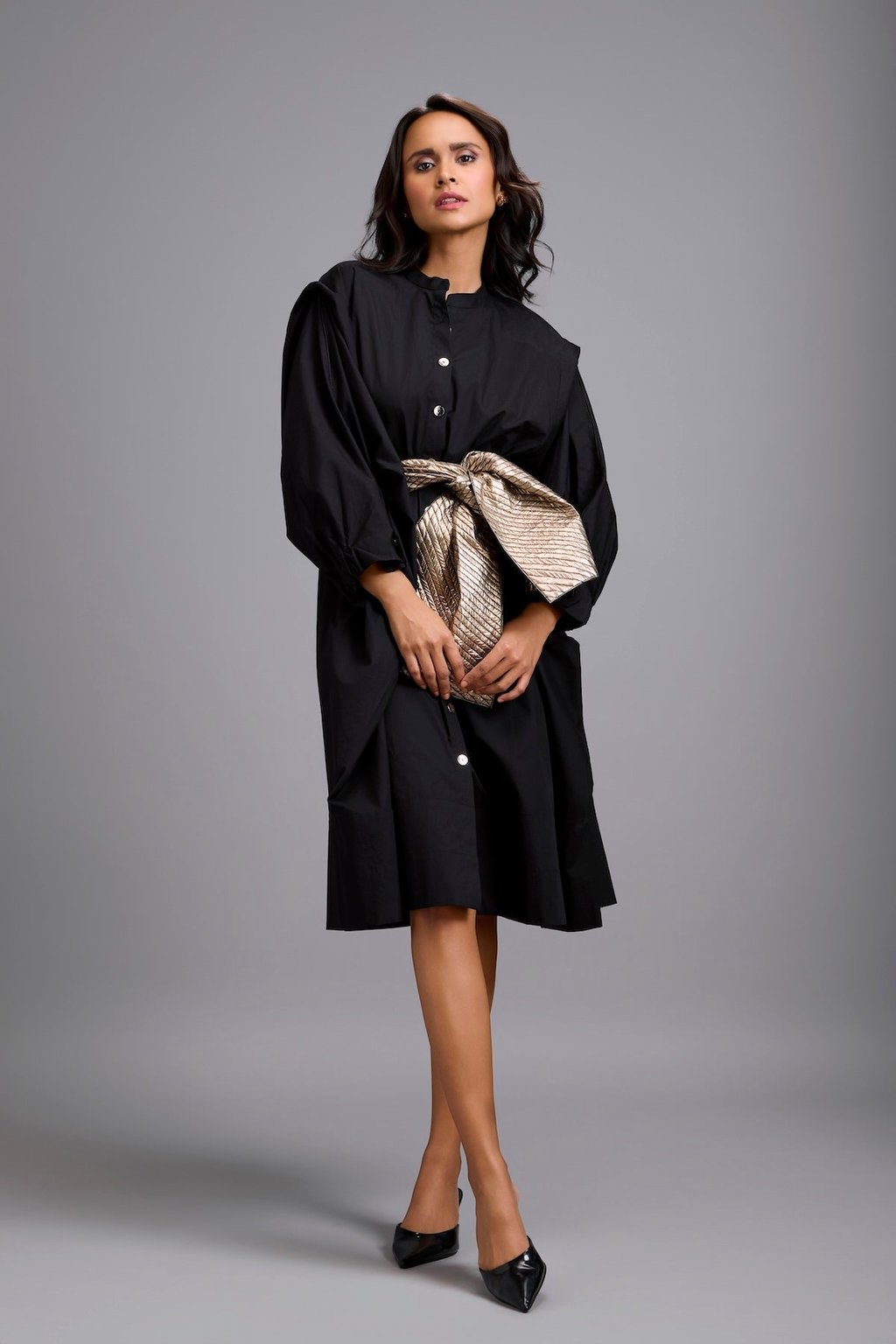 Button-Down Midi Dress with Bow Belt