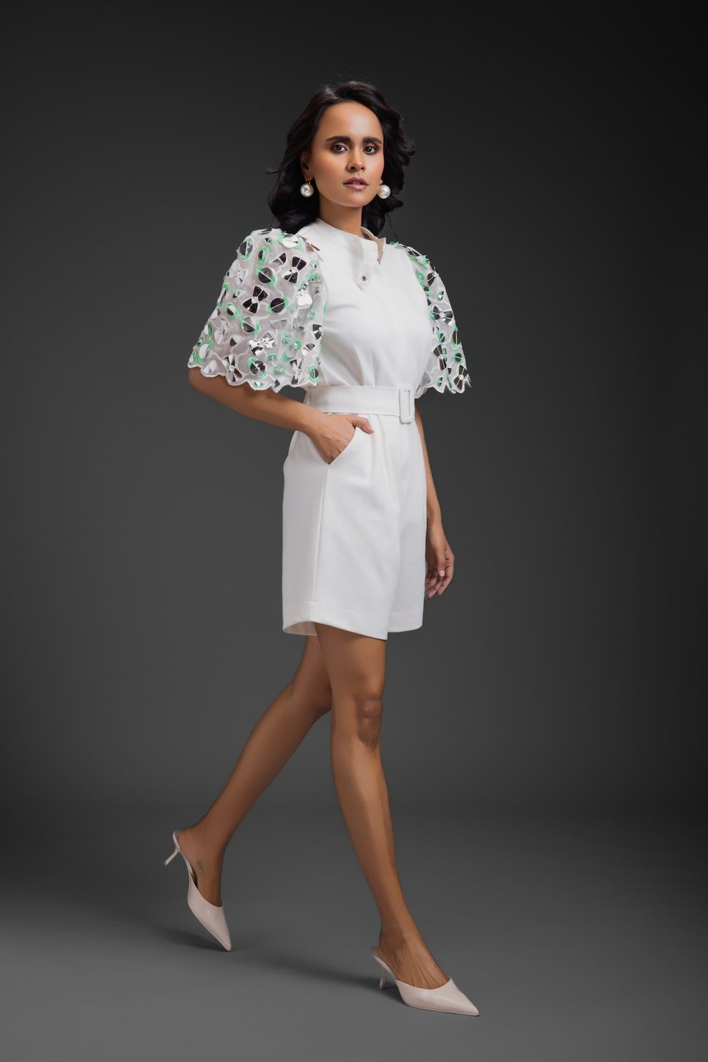Playsuit with Neon Metallic Sleeve Detail and Belt
