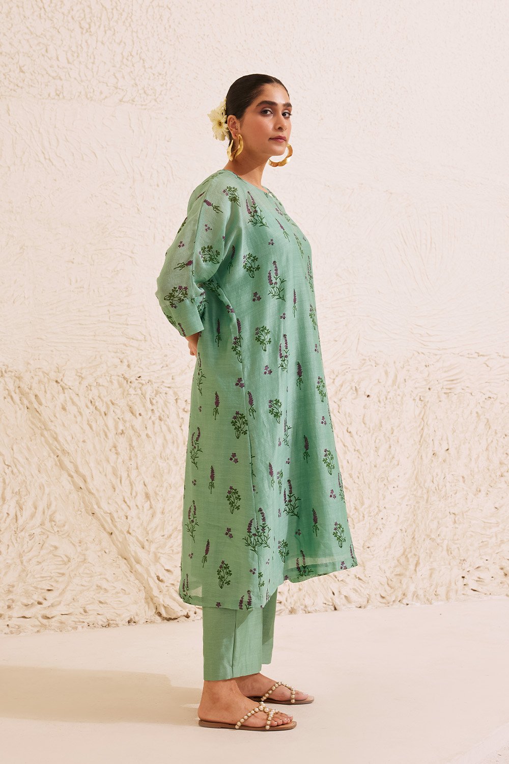 Teal Chanderi Hand Block Floral Kurta Set
