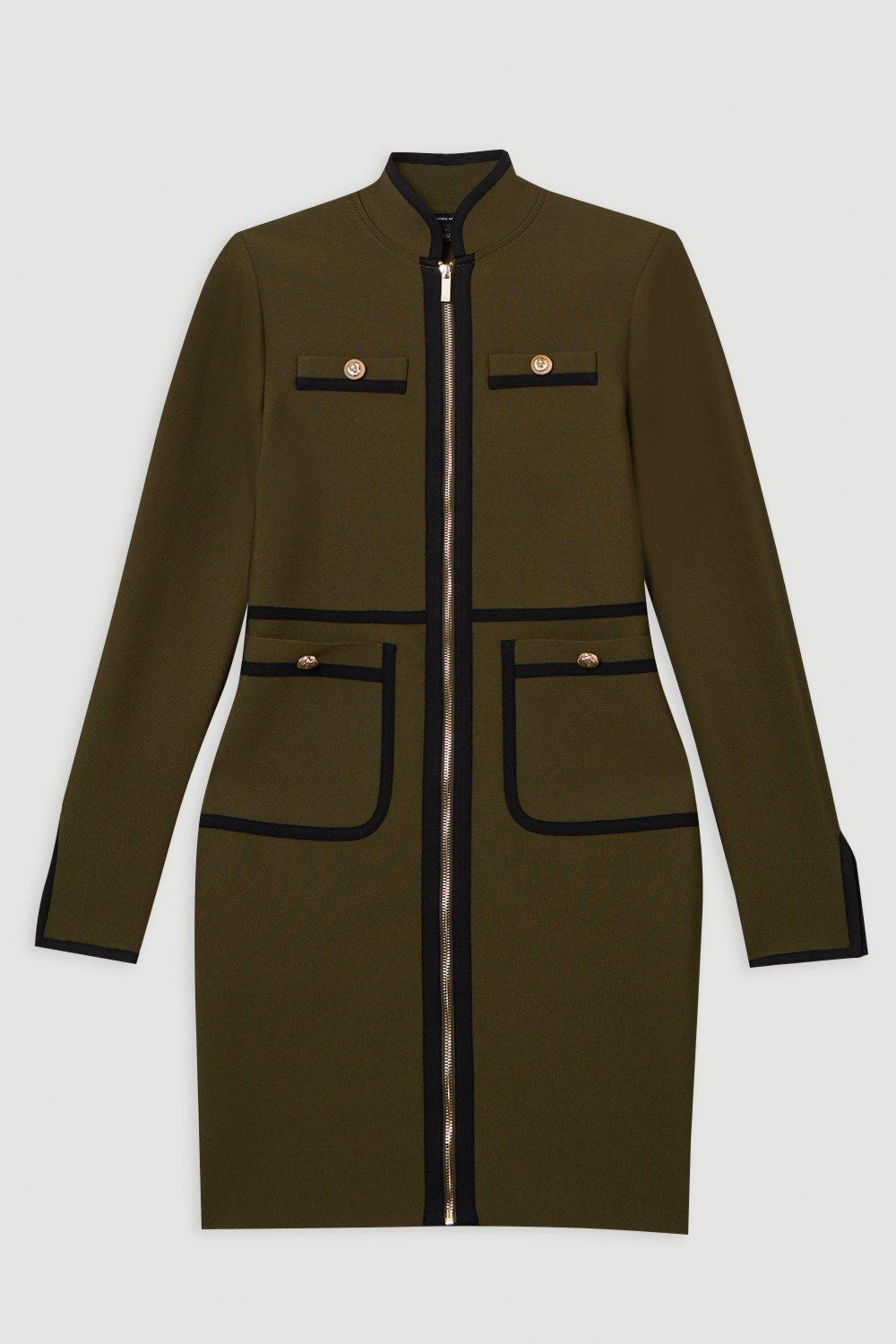 Figure Form Bandage Knit Piping Detail Military Dress