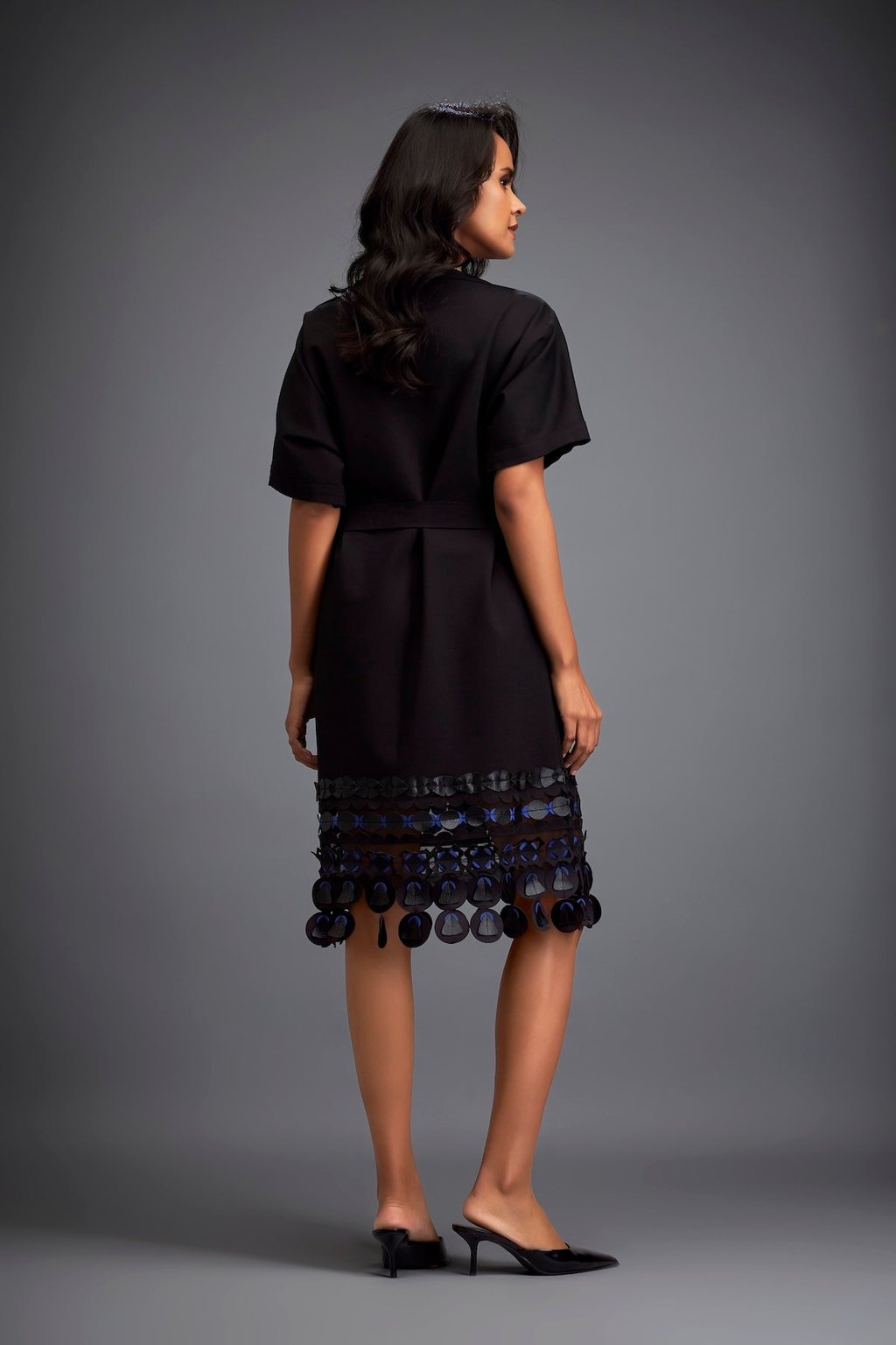 Structured Dress with Leather Applique Hem and Belt