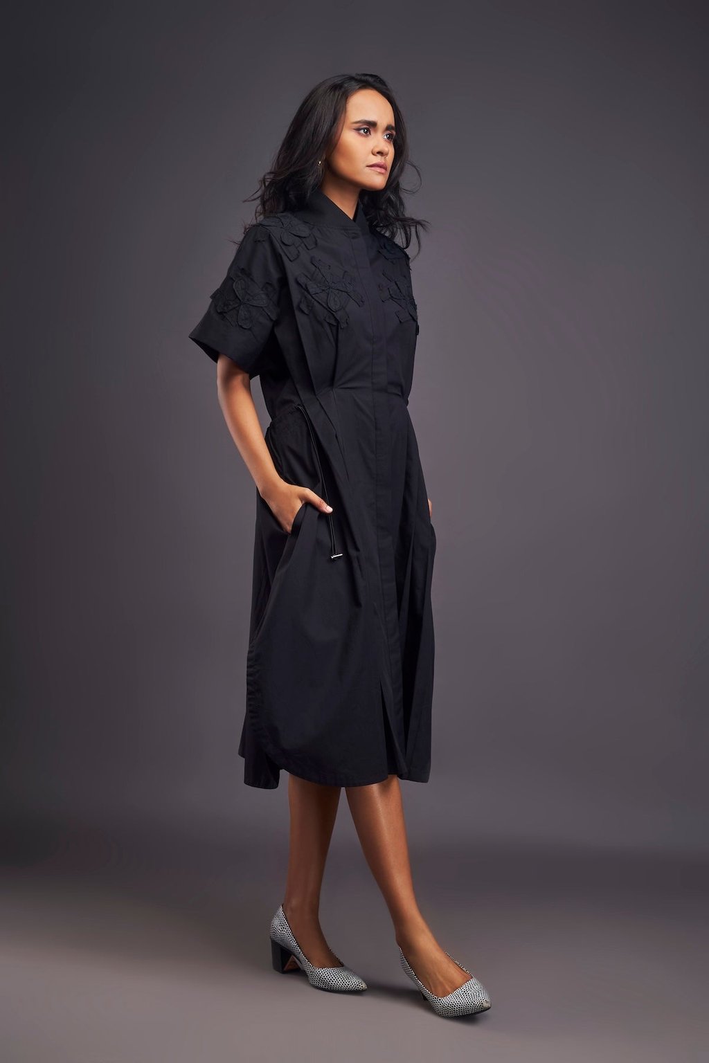 Pleated Oversized Shirt Dress with Patchwork Black