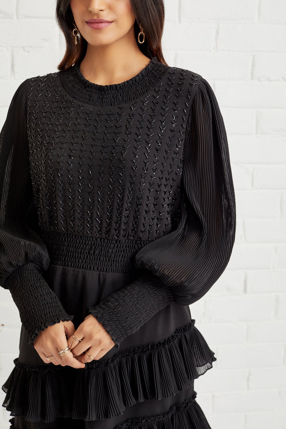 Hand Embellished Asymmetrical Pleated Ruffle Dress