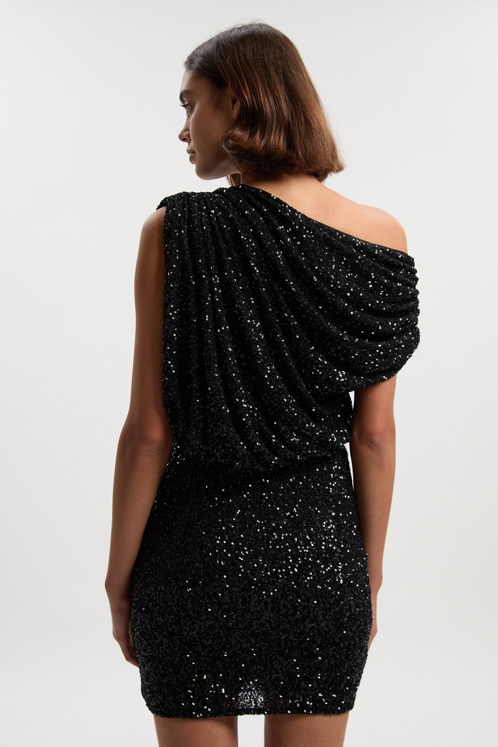 Draped One Shoulder Jersey Stretch Sequin Mini Dress