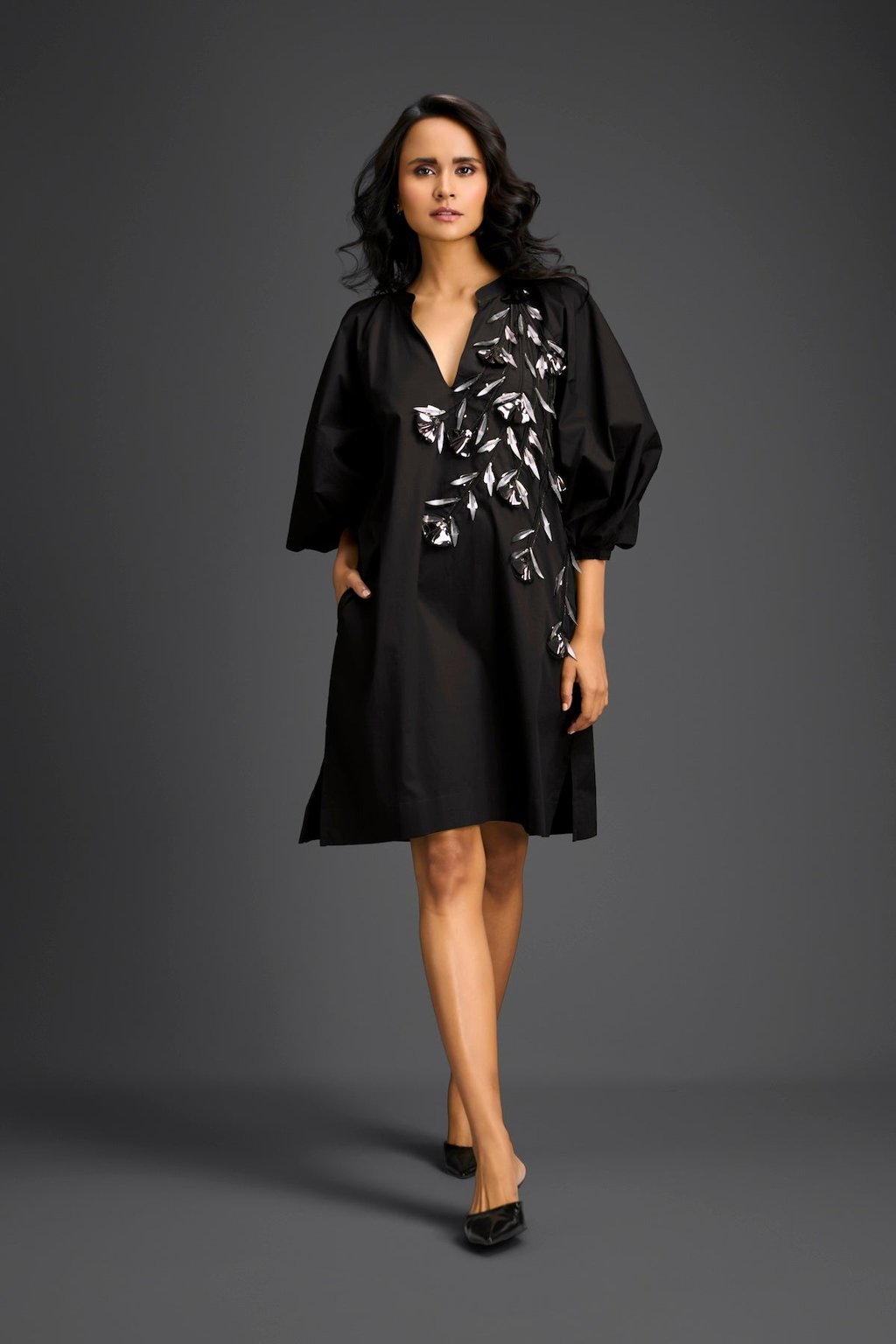 Green Metallic Floral Embroidered Dress