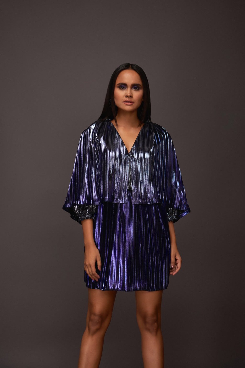 Pleated Metallic Cape Style Short Dress