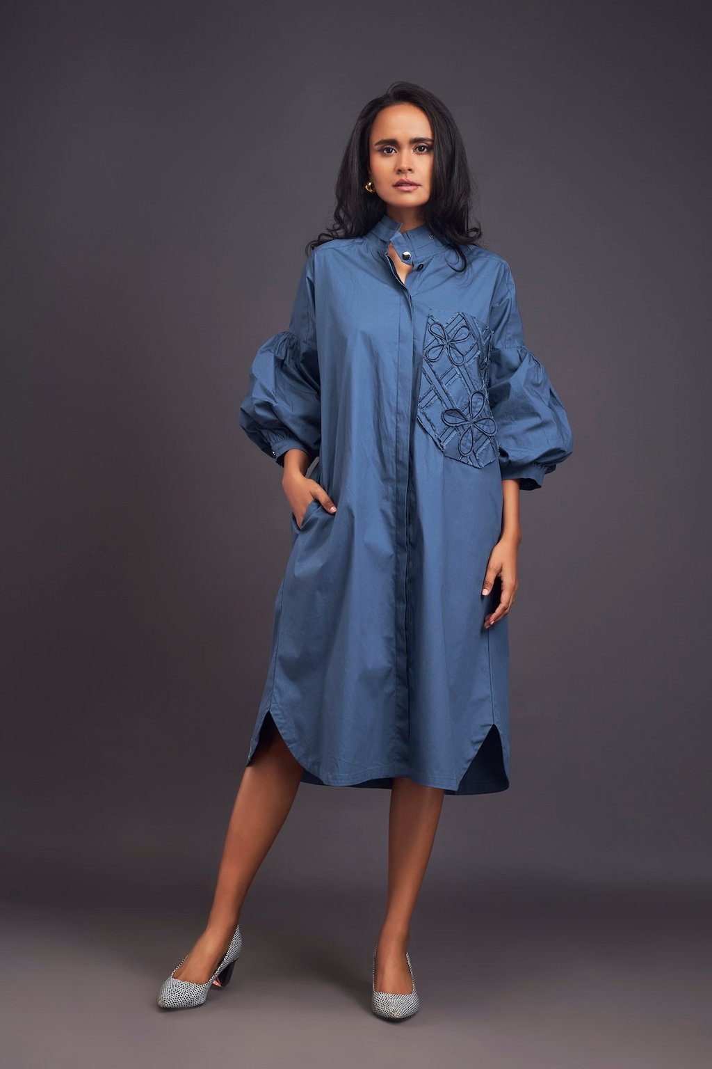 Oversized Shirt Dress with Embroidered Pocket
