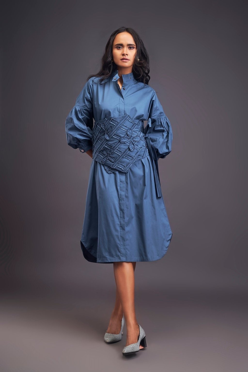 Shirt Dress with Applique Corset Style Tie up Belt