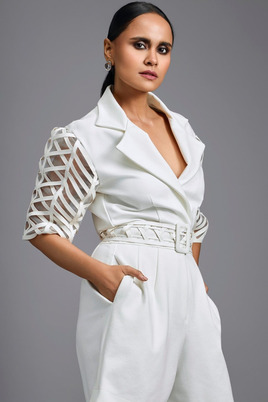 Playsuit with Woven Belt & Mesh Sleeves