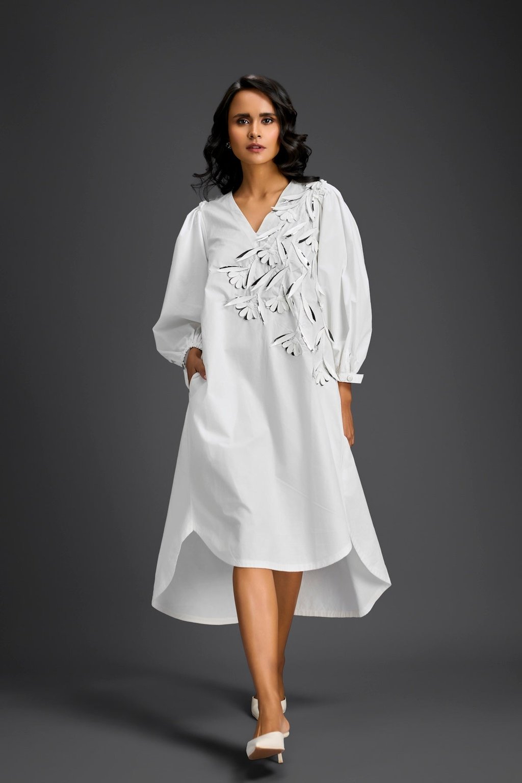 White Embellished Puff Sleeve High-Low Dress