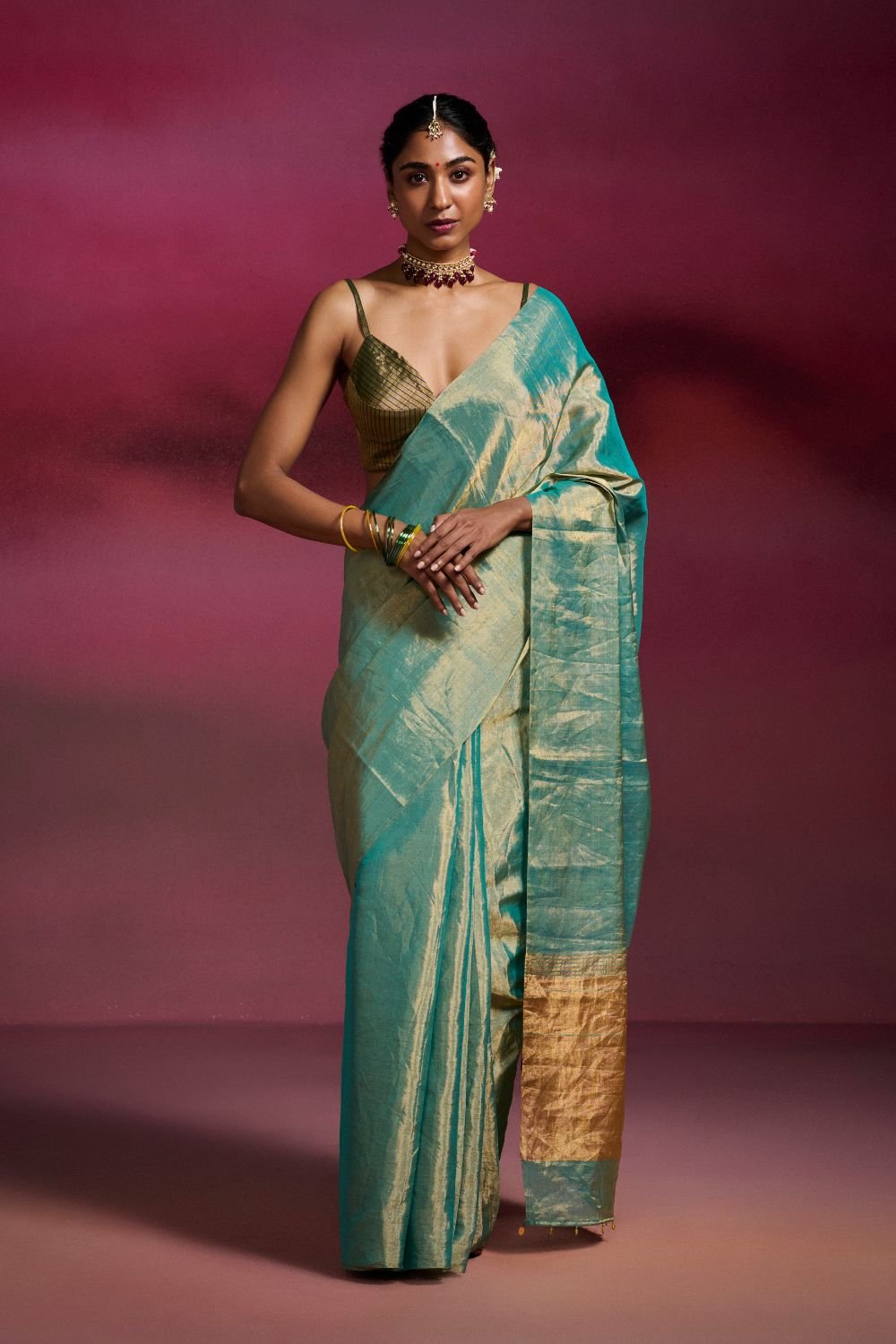 Sky Blue Handwoven Tissue Saree on Gold Base