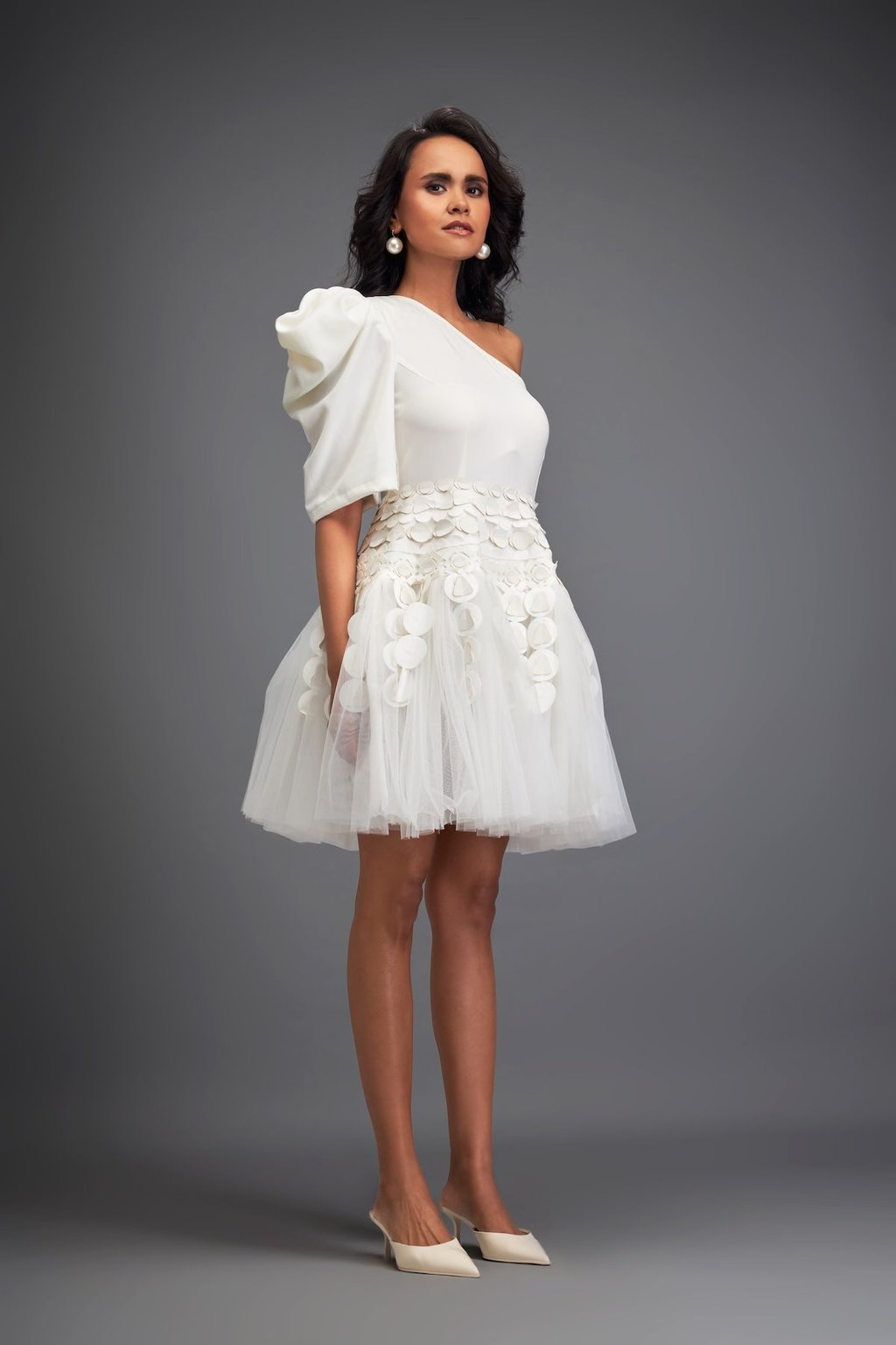 One-Shoulder Tulle Dress with 3d Embellishments