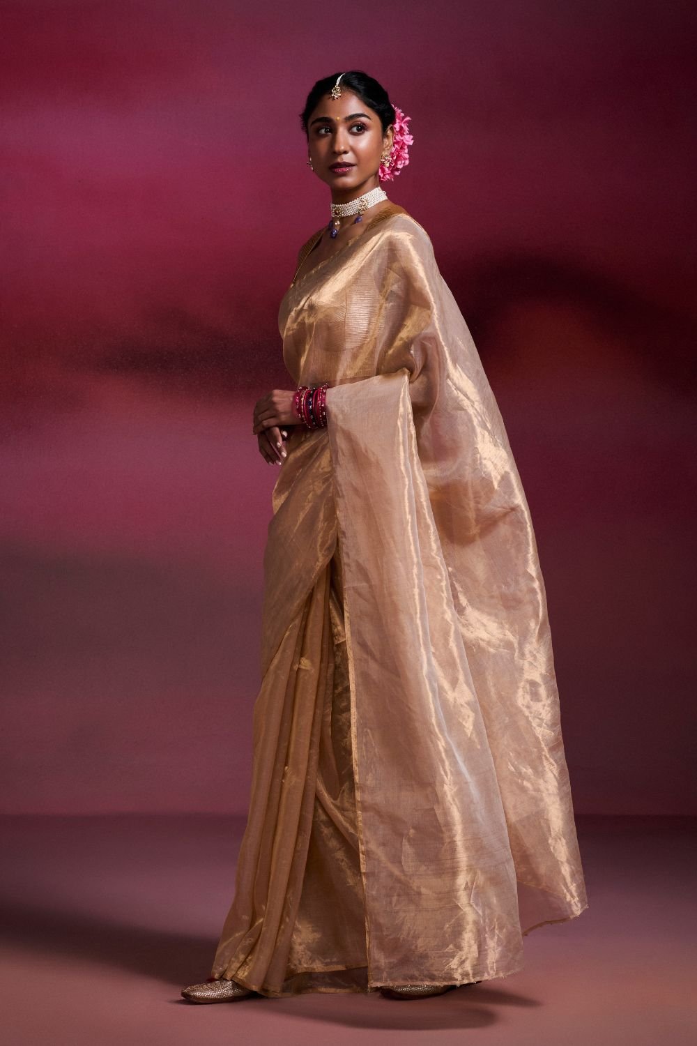 Handwoven Chanderi Tissue Saree in Light Gold