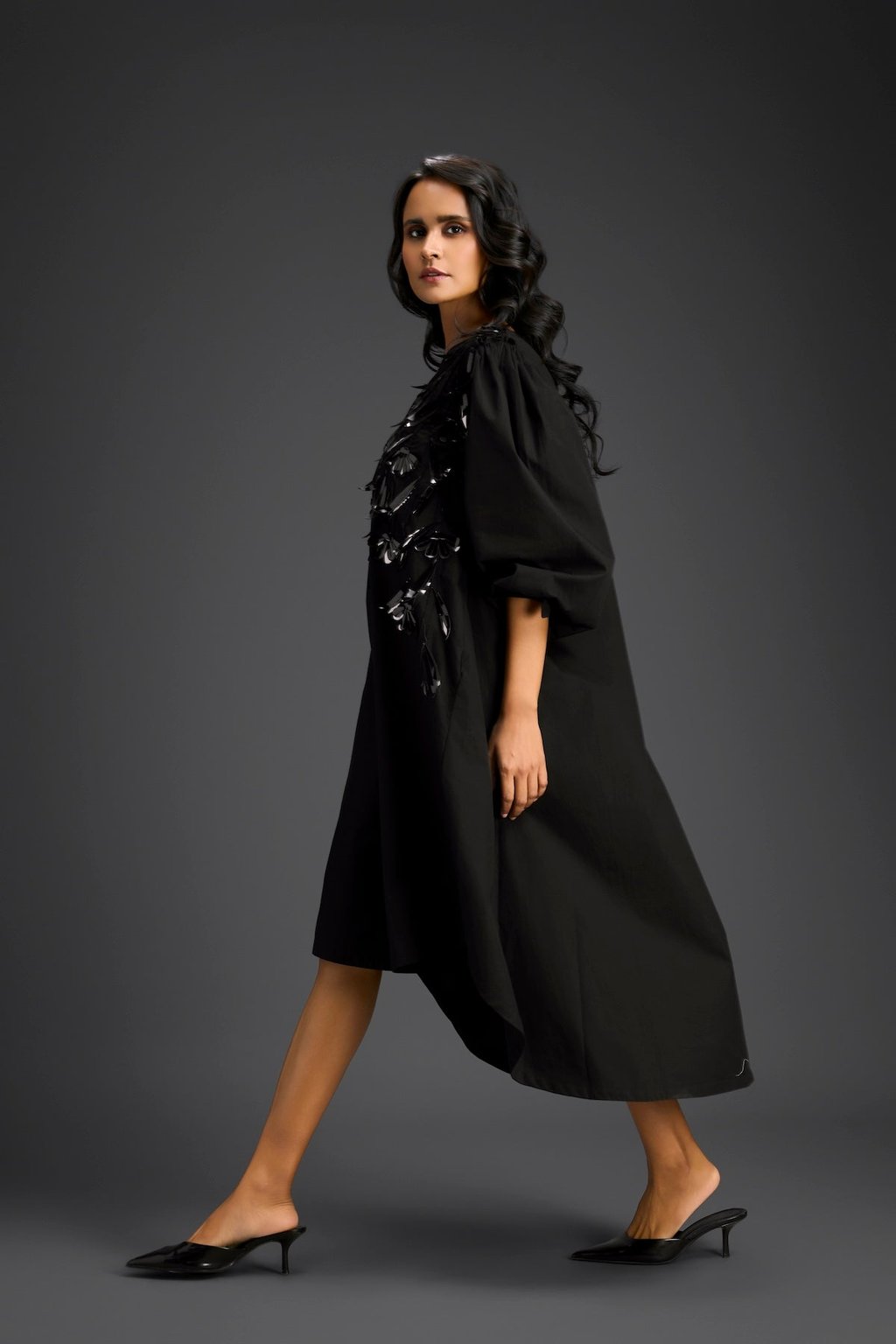 Black Embellished Puff Sleeve High-Low Dress