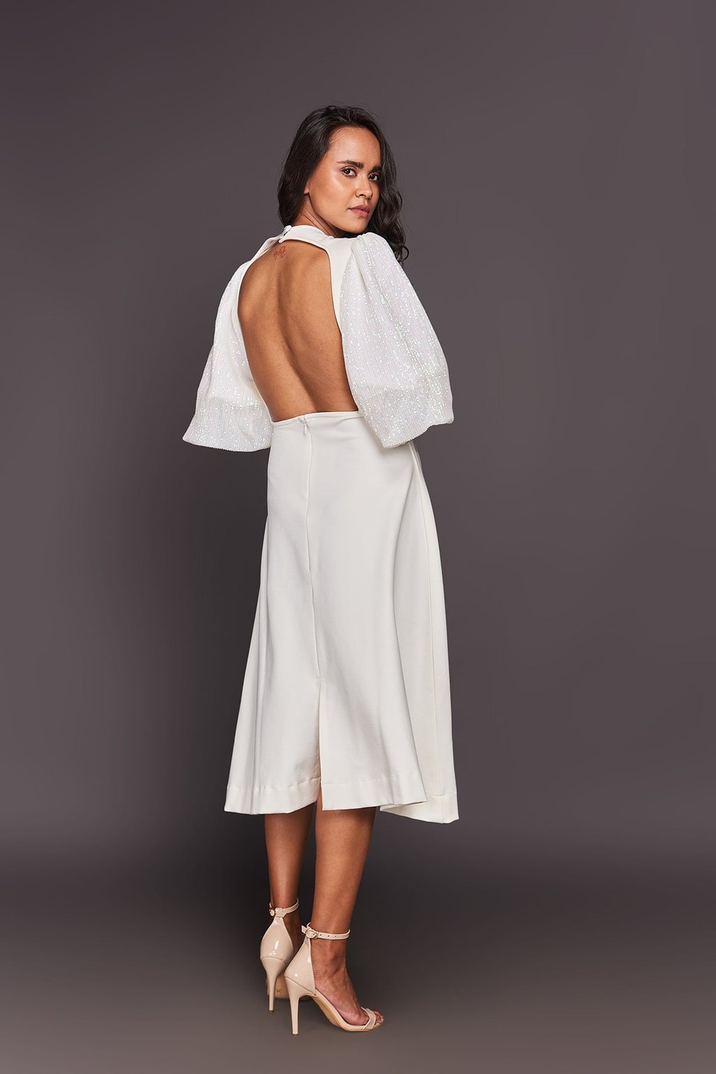 Front Cutout Sequin Puff Sleeves Midi Dress