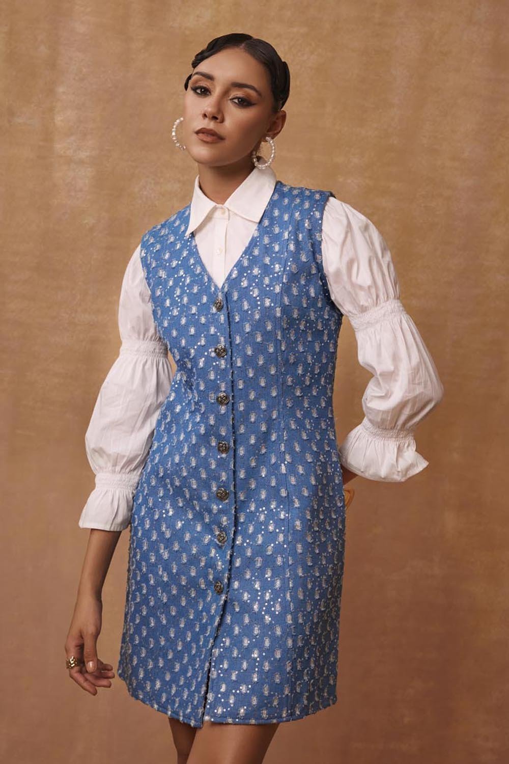 Mettalic Denim Waistcoat Dress