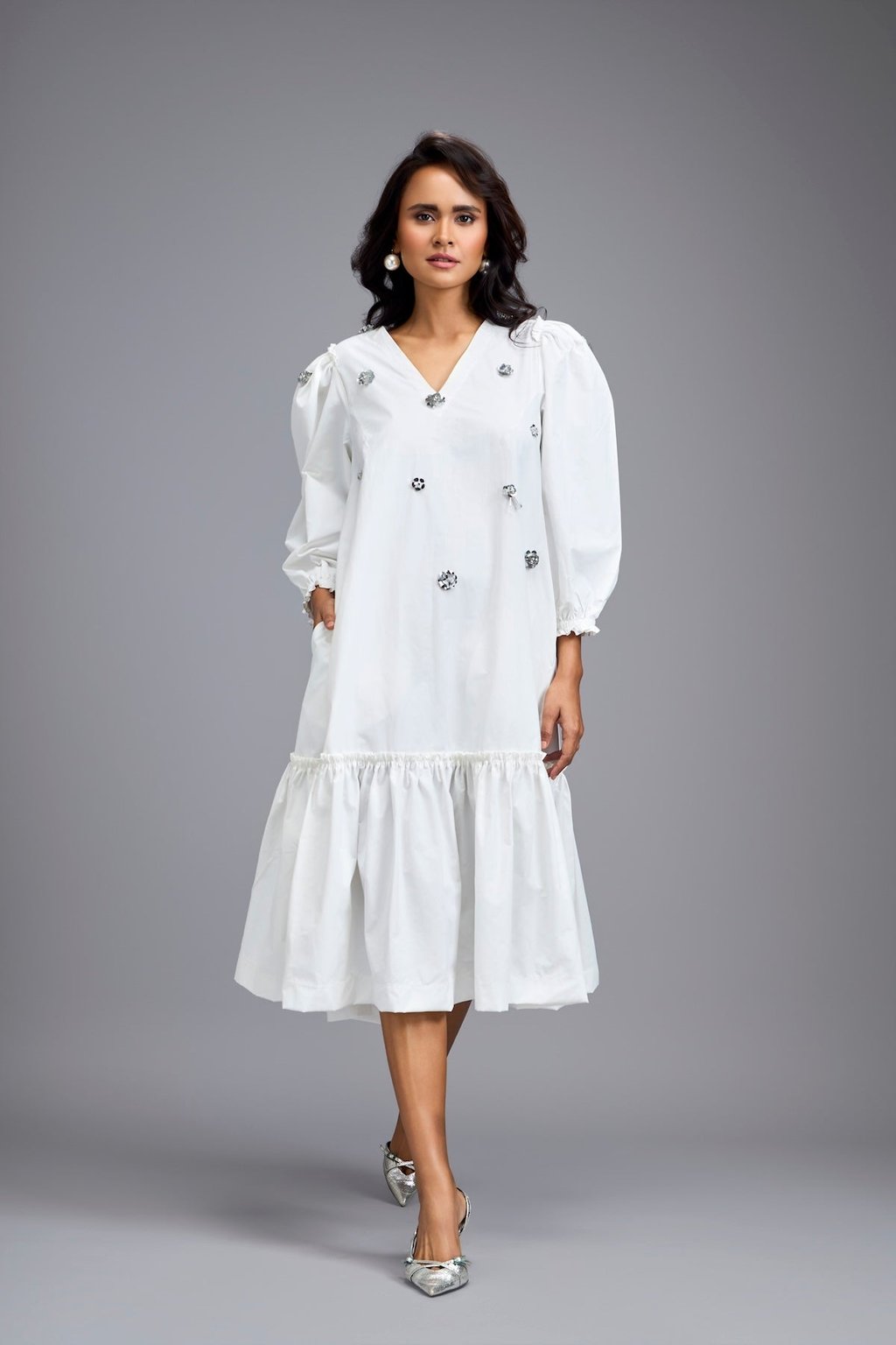 Long Gathered Hem Embellished Dress