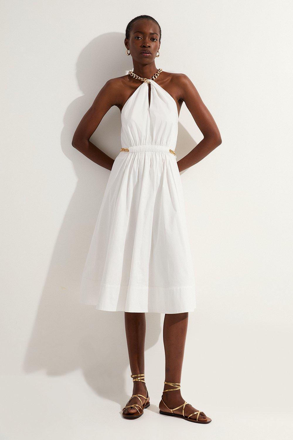 Cotton Poplin Chain Halter Woven Midi Dress