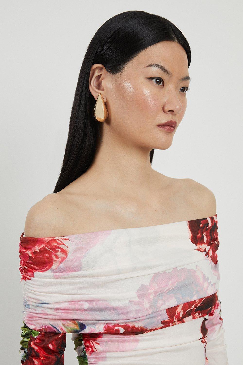 Rose Print Drapey Crepe Jersey Bardot Bodysuit