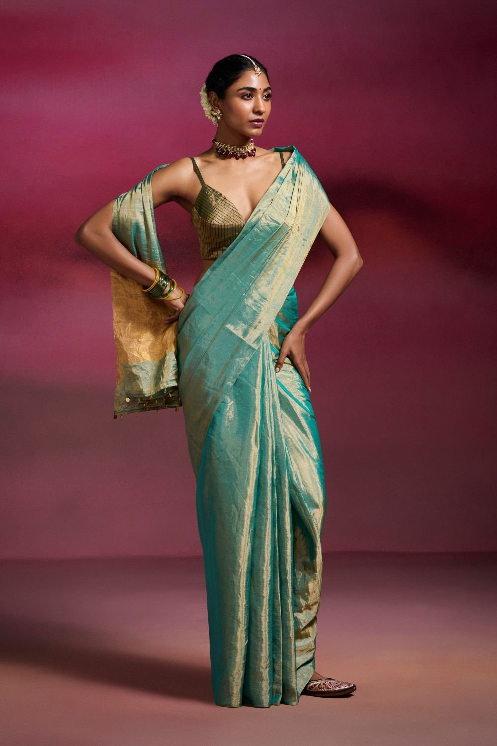 Sky Blue Handwoven Tissue Saree on Gold Base